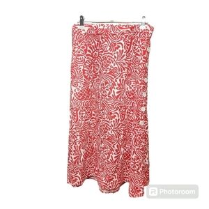 LOFT Linen Blend Button Front Midi Skirt Elastic Waist Red/White M Pineapple